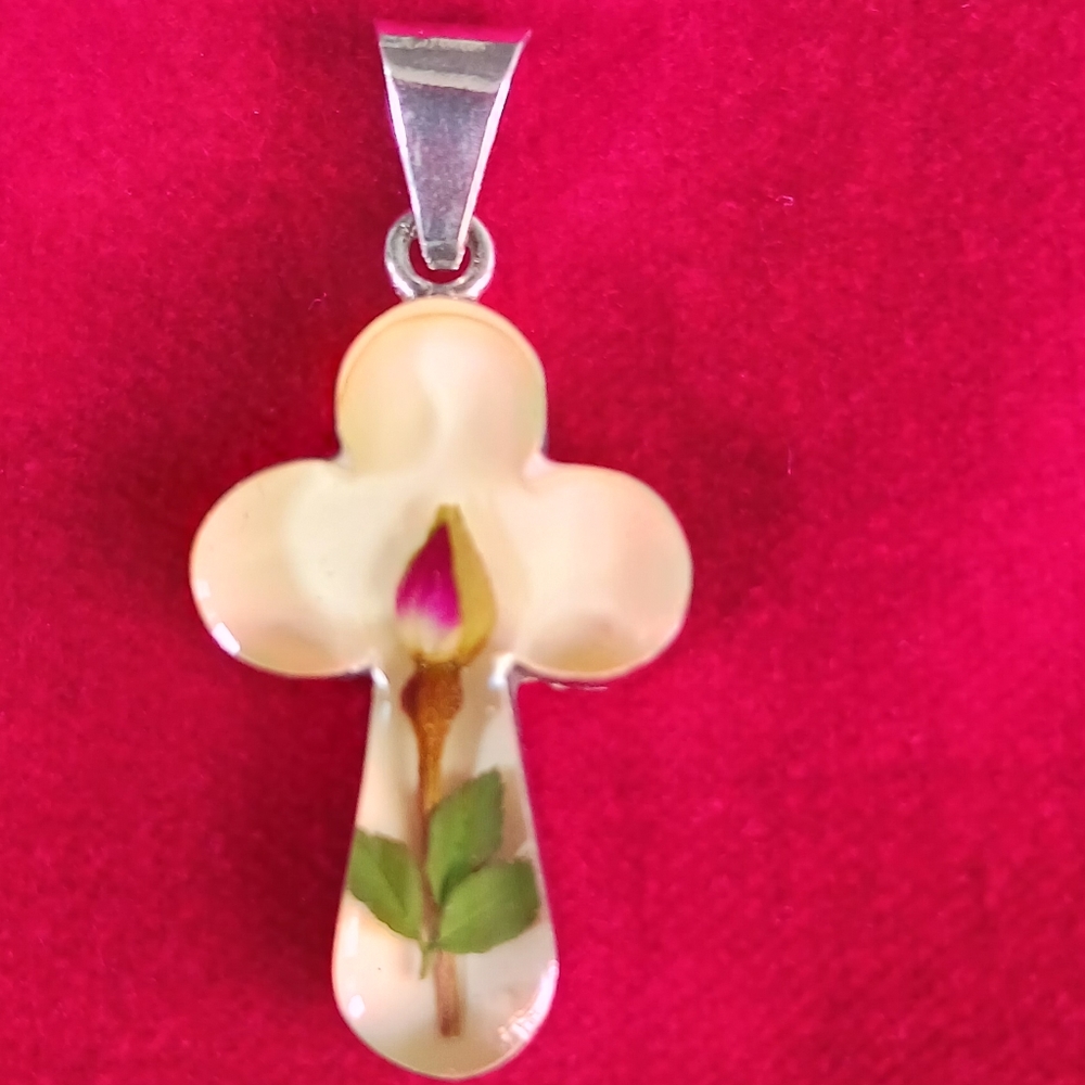 Mexican Easter Cross Necklace Flowers in Resin Vintage marked 925 Silver